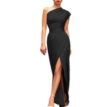 (XXL, Black) Elegant One Shoulder Ruched Bodycon Dress with Thigh Split - Rose Red XXXL