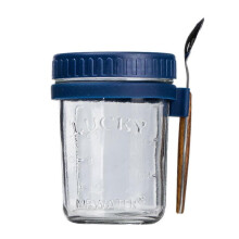 (12cm, blue) Sealed Cups Mason Jar with Spoon 350ml - Multifunctional Storage Tank for Oat, Yogurt - Silicone Seal - Clear Glass