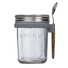(12cm, grey) Sealed Cups Mason Jar with Spoon 350ml - Multifunctional Storage Tank for Oat, Yogurt - Silicone Seal - Clear Glass