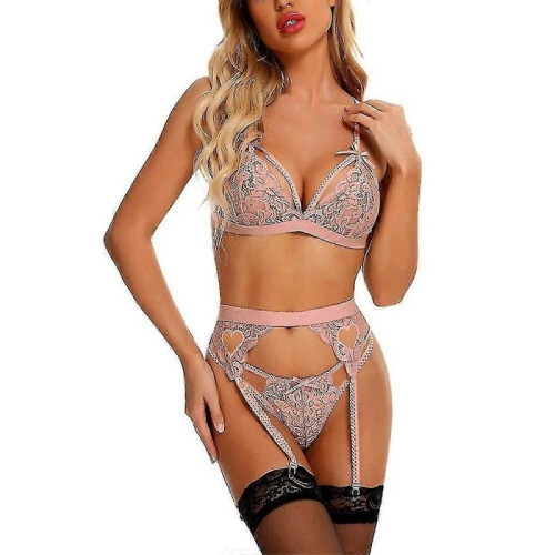 (L,Pink)Women Lace Garter Lingerie Set