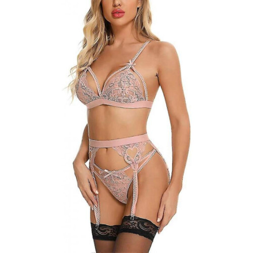 (L,Pink)Women Lace Garter Lingerie Set 1