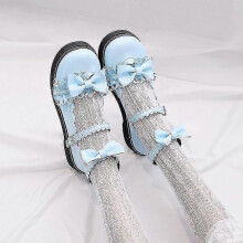 (7, blue) Cute Sweet Lolita Shoes Bow Kids 2022 New Autumn Lolita Shoes Red Flat Bottom Uniform Jk Shoes Mary Jane Shoes Harajuku