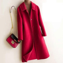 (M, Red) Pure Wool Coat Women Double-sided Solid Color Jacket Long Wool Coat Female Cashmere Suit Section Woolen Collar - KM