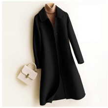 (L, Black) Pure Wool Coat Women Double-sided Solid Color Jacket Long Wool Coat Female Cashmere Suit Section Woolen Collar - KM