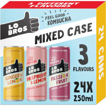 Lo Bros Kombucha Mixed Pack with 3 Flavours Sparkling Refreshing Soft Drink with Natural Ingredients & Supports Low Sugar Vegan Gluten Free 24 x 250ml