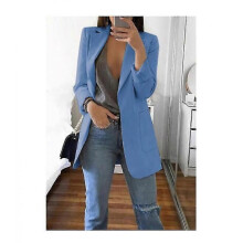 (S, Blue) Women's Long Collar Blazer Suit Jacket Ladies Formal Slim Coat Cardigan Outwear - DSW