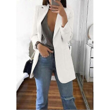 (L, White) Women's Long Collar Blazer Suit Jacket Ladies Formal Slim Coat Cardigan Outwear - DSW