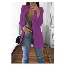 (3XL, Purple) Women's Long Collar Blazer Suit Jacket Ladies Formal Slim Coat Cardigan Outwear - DSW