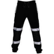 (M, Black) Adults Safety Work Trousers Hi Vis Viz Visibility Elastic Waist Sweatpants - KM