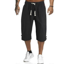 (L, Black) Men Summer Linen Look Capri Pants Casual Elastic Waist 3/4 Length Trousers Plus Size - KM