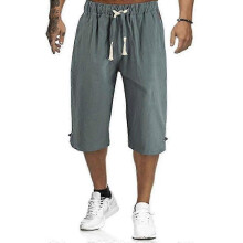 (XL, Dark Green) Men Summer Linen Look Capri Pants Casual Elastic Waist 3/4 Length Trousers Plus Size - KM