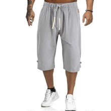 (3XL, Grey) Men Summer Linen Look Capri Pants Casual Elastic Waist 3/4 Length Trousers Plus Size - KM