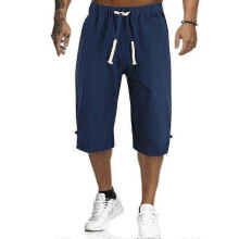 (4XL, Navy Blue) Men Summer Linen Look Capri Pants Casual Elastic Waist 3/4 Length Trousers Plus Size - KM