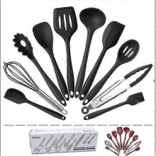 (Black) Kitchen Utensils Set - 10pcs Silicone Cooking Utensils Set Cooking Tools Tongs Spatula Spoon - KM