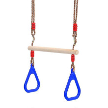 (blue) Wooden Trapeze Swing Bar with Plastic Gym Rings for Indoor Outdoor Fun Kids Children Adult Fitness