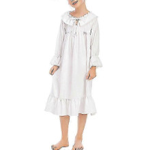 (160cm, White) Girls Nightgowns Cute Lace Pajamas Dress Long Sleeve Princess Nightdress Sleep Shirts