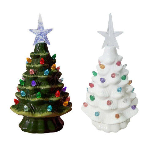 (Green) Tabletop Pre-Lit Ceramic Christmas Tree with Hand-Painted Design and Lights 1