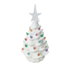 (White) Tabletop Pre-Lit Ceramic Christmas Tree with Hand-Painted Design and Lights