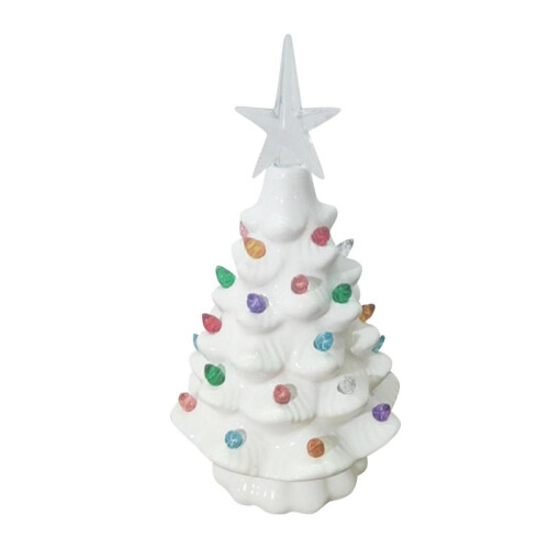 (White) Tabletop Pre-Lit Ceramic Christmas Tree with Hand-Painted Design and Lights