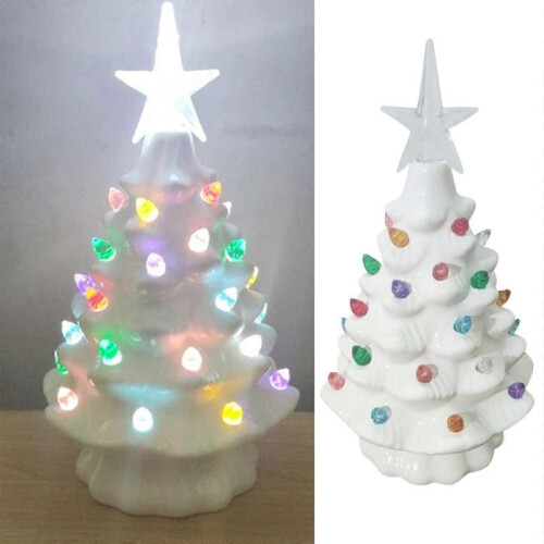 (White) Tabletop Pre-Lit Ceramic Christmas Tree with Hand-Painted Design and Lights 2