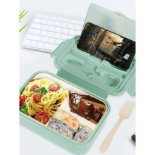 (green) Leak-Proof Lunch Container with Spoon and Fork - Portable Plastic Food Box for Adults and Kids - 3 Grids, Camping, Picnic