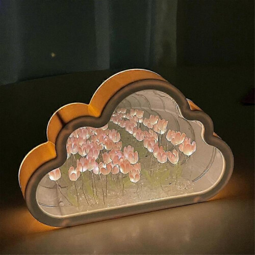 (yellow) Cloud Tulip Lamp Table Bedside Mirror Night Light Birthday Gift DIY Material~ 1