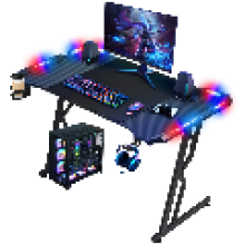Alivio LED Gaming Desk Ergonomic Curved Carbon Fiber Table with Wireless Lighting Control, Cup Holder, Headphone Stand for PC Gamers - 120 x 60 x 74cm