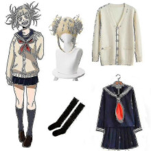 (M, 6pcs set) My Hero Academia Halloween Costume Anime Boku No Hero Academia Himiko Toga Jk Uniform Sweater Coat Wig Costumes