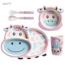 (Model.Pink.Cow)Creative New Bamboo Fiber Kids Dinnerware Set Five Piece Set Kindergarten Baby