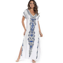 Women's Beach Blouse Embroidered Beach Dress Long Dress Cover-up Dress Sundresses White Blue -CHAN