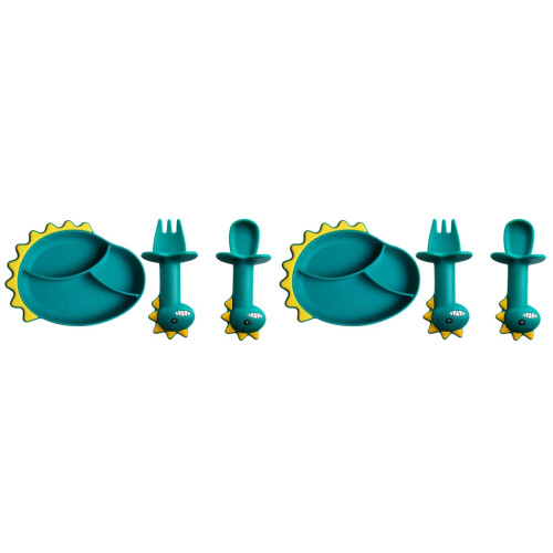 6 Pcs Baby Cartoon Dinosaur Spoon Fork Plate Silicone Tableware Set 1