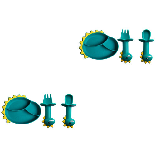 6 Pcs Baby Cartoon Dinosaur Spoon Fork Plate Silicone Tableware Set 2