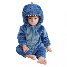 (100) Kids Unisex Blue Dinosaur Warm Hooded Nightgown Breathable Comfortable Rompers for Autumn Winter