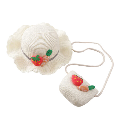 One Set Kids Beach Hat Sunhat Shoulder Bag White 52cm