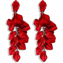 (Red) Dangle Floral Tassel Earrings with Exaggerated Flower Design Acrylic Rose Petals
