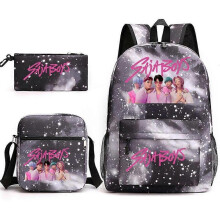 (D) 3PCS K-Pop Demon Hunters School Backpack Schoolbag Cartoon Print  Backpack Lunch Bag Pencil Case Set for Students Grey