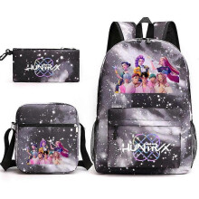 (B) 3PCS K-Pop Demon Hunters School Backpack Schoolbag Cartoon Print  Backpack Lunch Bag Pencil Case Set for Students Grey
