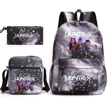 (C) 3PCS K-Pop Demon Hunters School Backpack Schoolbag Cartoon Print  Backpack Lunch Bag Pencil Case Set for Students Grey