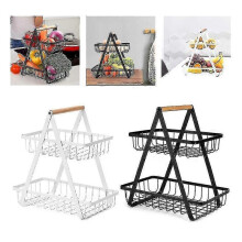 (Black) Detachable Household Two Layer Fruit Plate Countertop Metal Fruit Basket Black White Retro Style Tray Rack Storage Basket