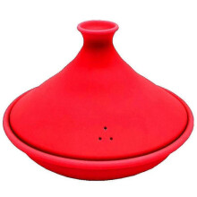 (Red) Moroccan Tagine Pot for Cooking with Silicone Base & Cone-Shaped Lid - Microwave Safe Cookware