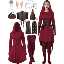 (Large, Burgundy) Renaissance Fairy Costume with Hooded Robe & Lace-Up Dress for Medieval Cosplay & Halloween