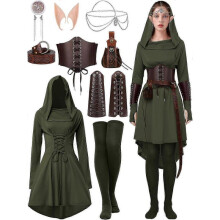 (Medium, Dark Green) Renaissance Fairy Costume with Hooded Robe & Lace-Up Dress for Medieval Cosplay & Halloween