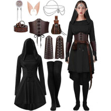 (Medium, Black) Renaissance Fairy Costume with Hooded Robe & Lace-Up Dress for Medieval Cosplay & Halloween
