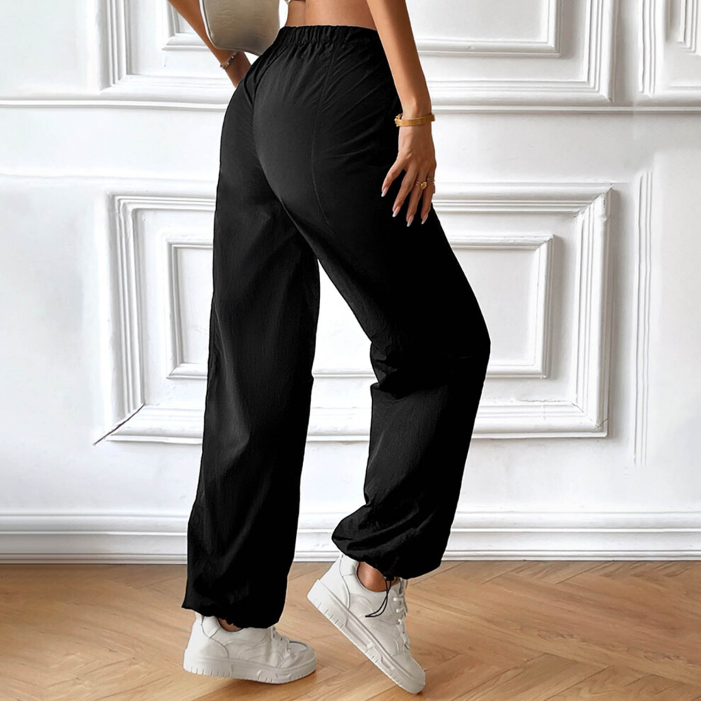 Women's Black Wide Leg Drawstring Leisure Pants M-image-OPC-PKWPRVB-NEW