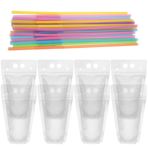 100Pcs Clear Drinking Pouches With Zipper Seal And Straw