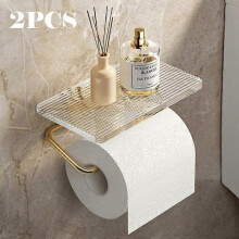 (2PCS Gold) 1/2PCS Aluminum Alloy Toilet Paper Holder Acrylic Tray Bathroom Accessories Wall Hanging Punch-Free Toilet Paper Roll Holder