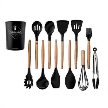 (black) Set Of 11 High Heat Resistant Silicone Cookware Set with Silicone Spatula, Tweezers, Ladle, Serving