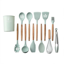 (light green) Set Of 11 High Heat Resistant Silicone Cookware Set with Silicone Spatula, Tweezers, Ladle, Serving
