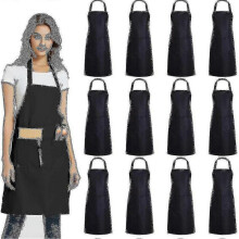 (Black) Evago 12 Pack Plain Bib Aprons With 2 Pockets - Black Unisex Commercial Apron Bulk