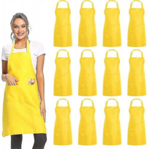 (Yellow) Evago 12 Pack Plain Bib Aprons With 2 Pockets - Black Unisex Commercial Apron Bulk
